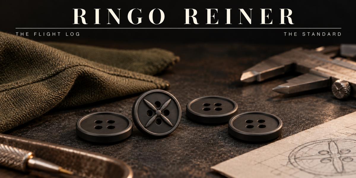 Ringo Reiner tonal button studies arranged beside Olive Drab fabric, precision tools and a technical design sketch.