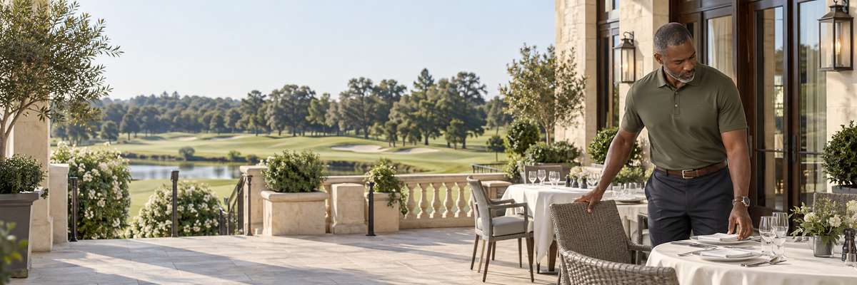 Club management professional wearing an Olive Drab polo while preparing a golf club terrace before members arrive.