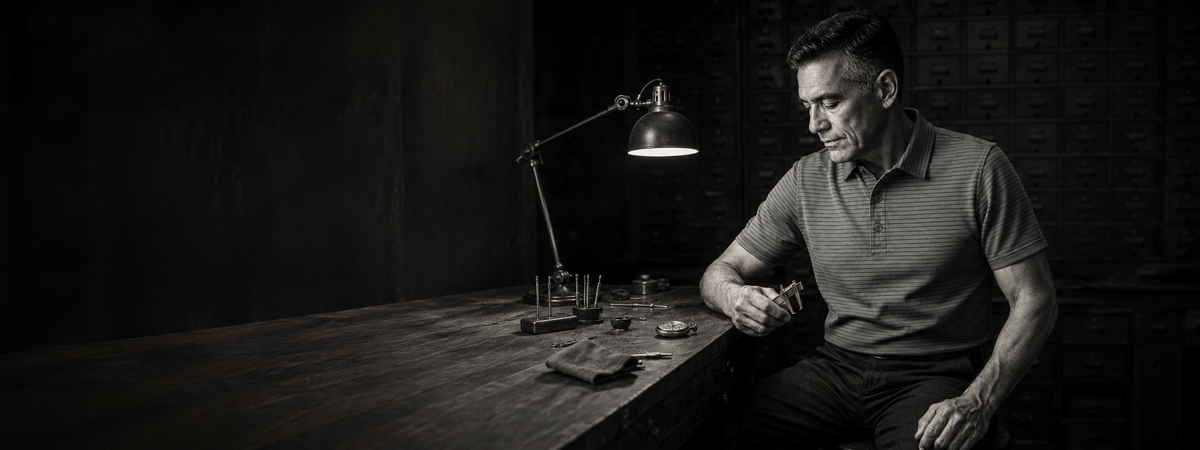 Ringo Reiner Officer Stripe Collection polo worn in a craftsman workshop inspired by precision and heritage.