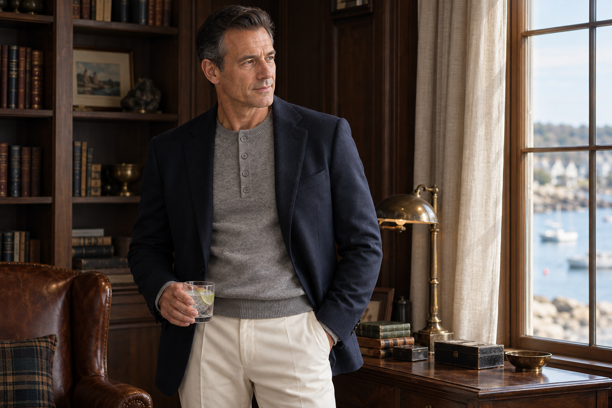 A man stands in a warm, book-filled study wearing a navy blazer, gray henley sweater, and cream trousers, holding a glass of water near a window overlooking water.