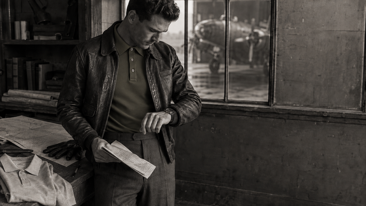 Aviator wearing an Olive Drab polo and leather flight jacket while reviewing B-26 aircraft plans