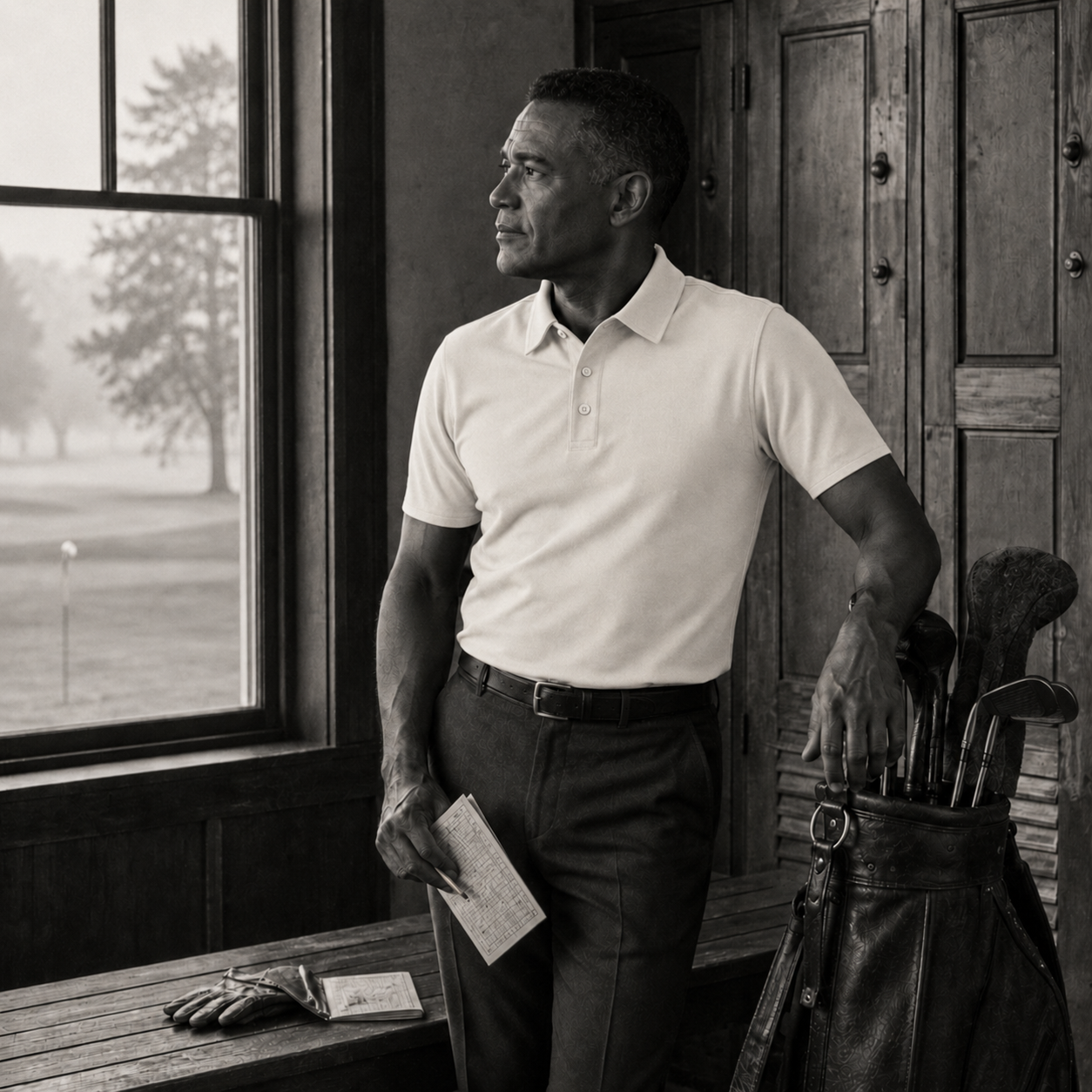 Man wearing a Cloud White Ringo Reiner Founder Polo beside a golf bag in a refined clubhouse