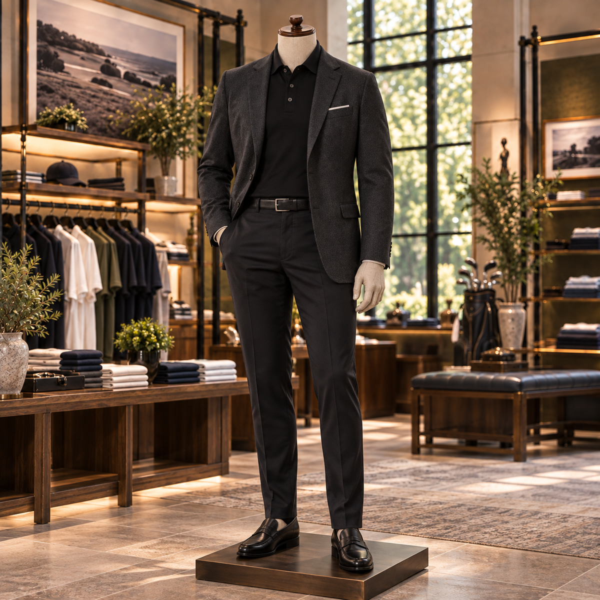 Full-length mannequin wearing a black polo, patterned charcoal sport coat, black trousers and loafers in a luxury golf shop.