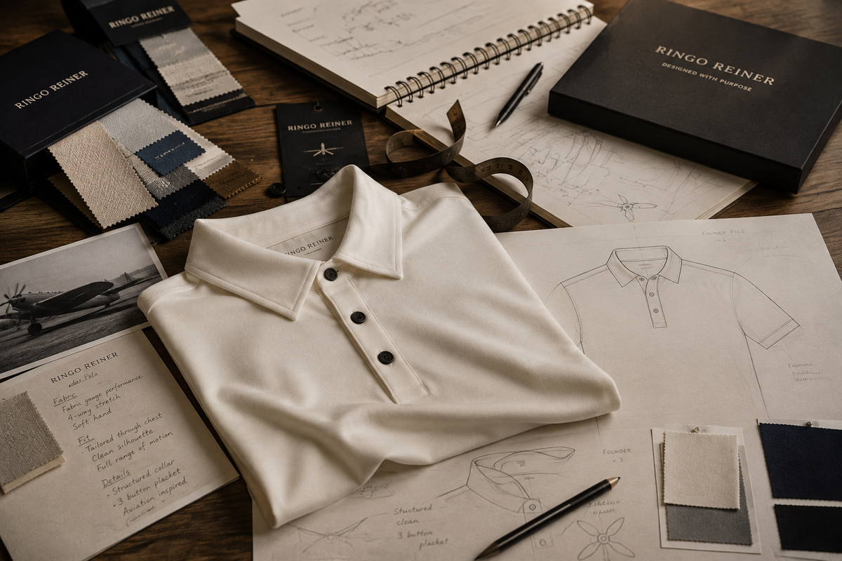 Ringo Reiner Founder Polo design process with fabric swatches, technical sketches and aviation-inspired details