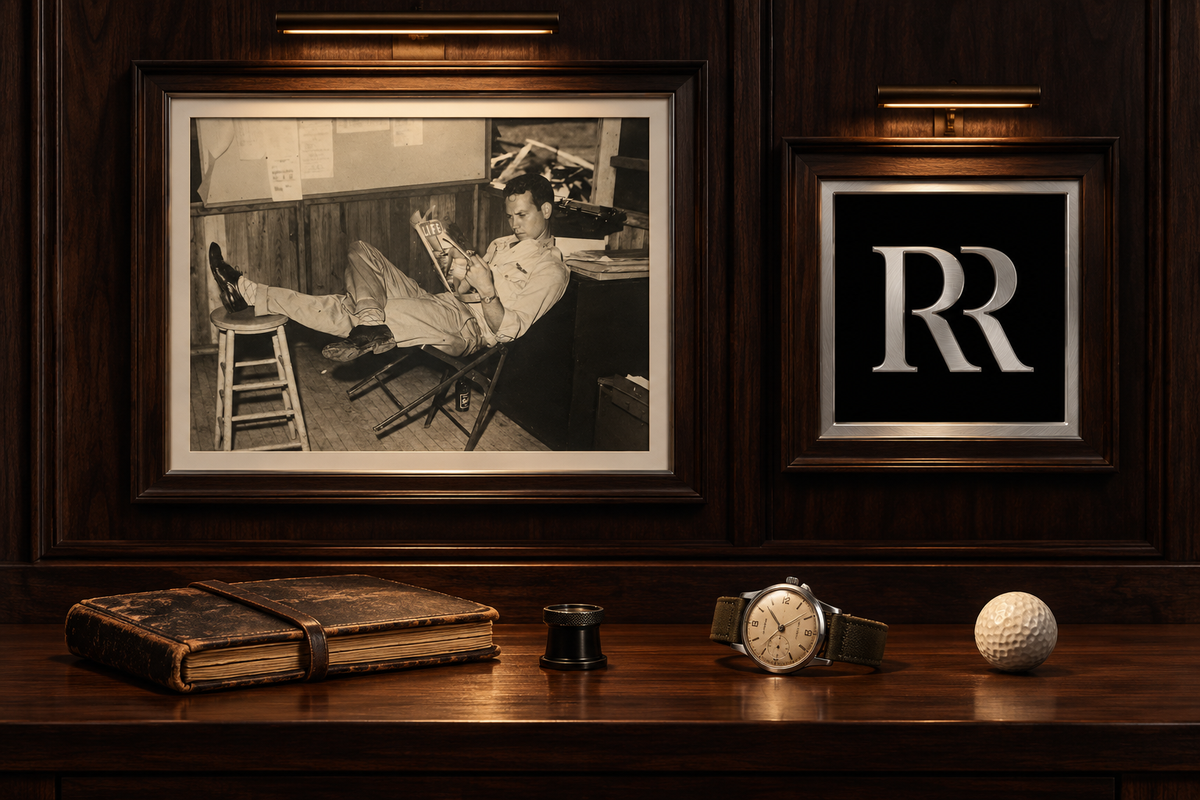 A framed black-and-white vintage photograph of a man lounging in a chair, displayed on a dark wood wall alongside a black-and-white 'RR' monogram frame. Below, a wooden table holds an old leather-bound book, a small dark object, a wristwatch, and a golf ball under warm wall lights.