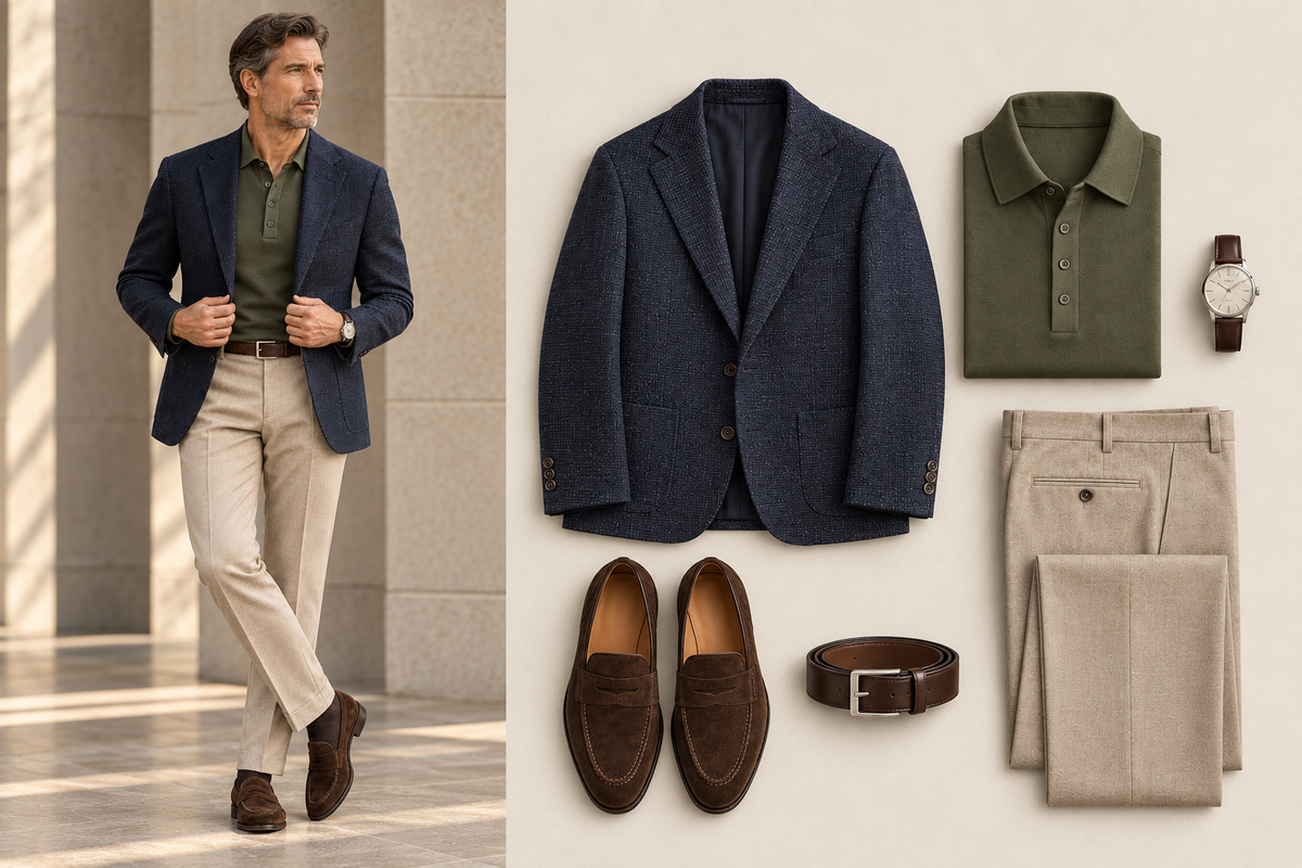 Man wearing an Olive Drab polo, navy sport coat and stone trousers beside a flat lay of the outfit with brown suede loafers, leather belt and watch.