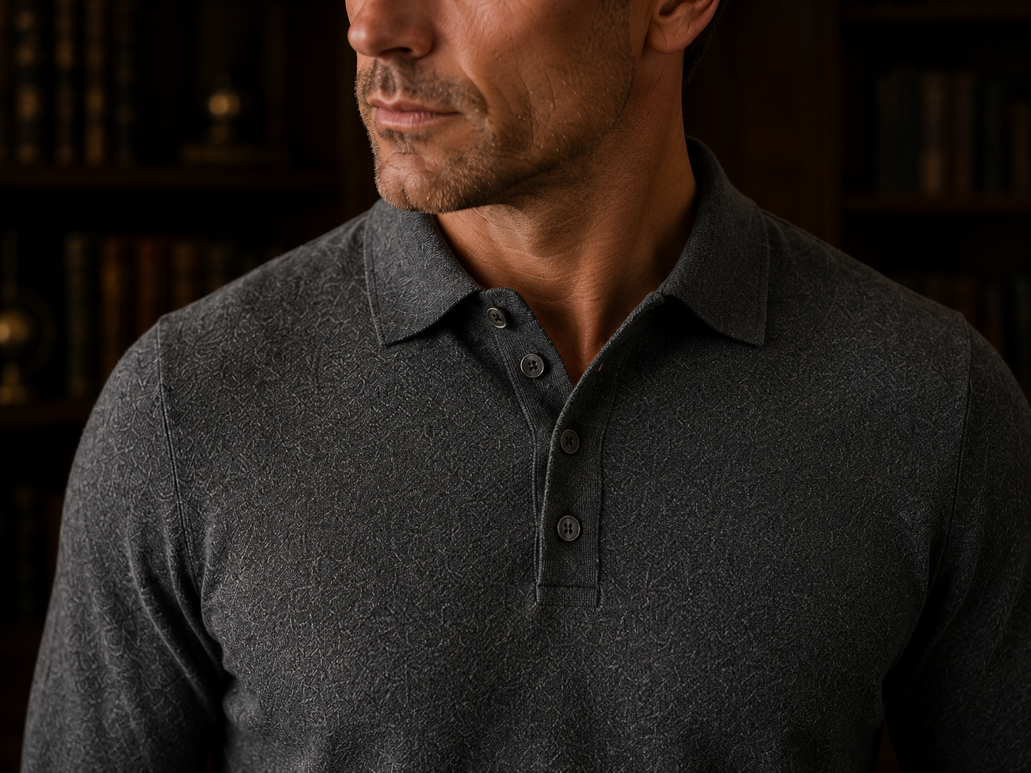 Close-up of the Ringo Reiner Pilot’s Knit showing the structured collar, button placket, and textured fine-gauge knit fabric