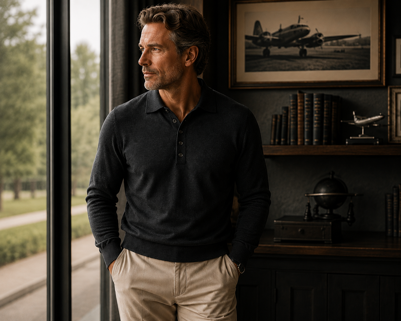 Mature male model wearing the Ringo Reiner Pilot’s Knit in charcoal with tailored trousers inside a refined aviation-inspired study