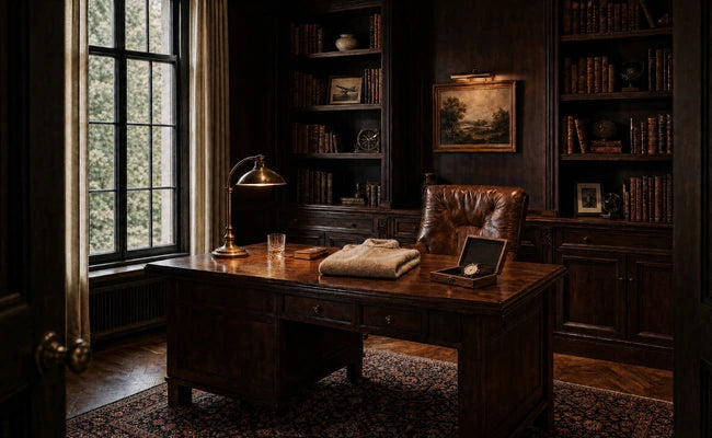 The Ringo Reserve private study featuring a folded Italian cashmere sweater, a luxury watch in an open presentation box, rich walnut furnishings, and warm brass lighting.