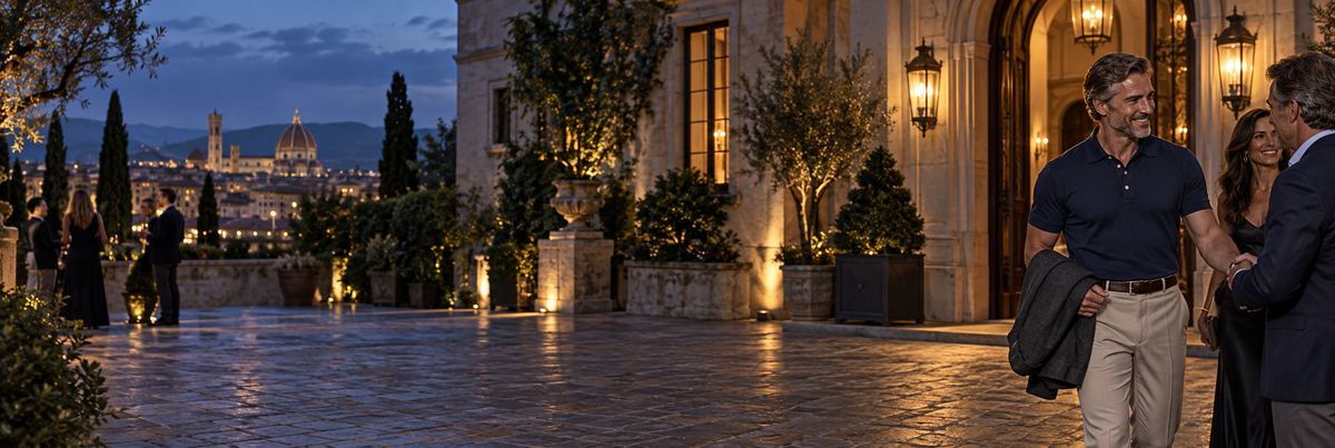 Man in a navy polo arrives with his companion for an evening gathering at an elegant European estate.
