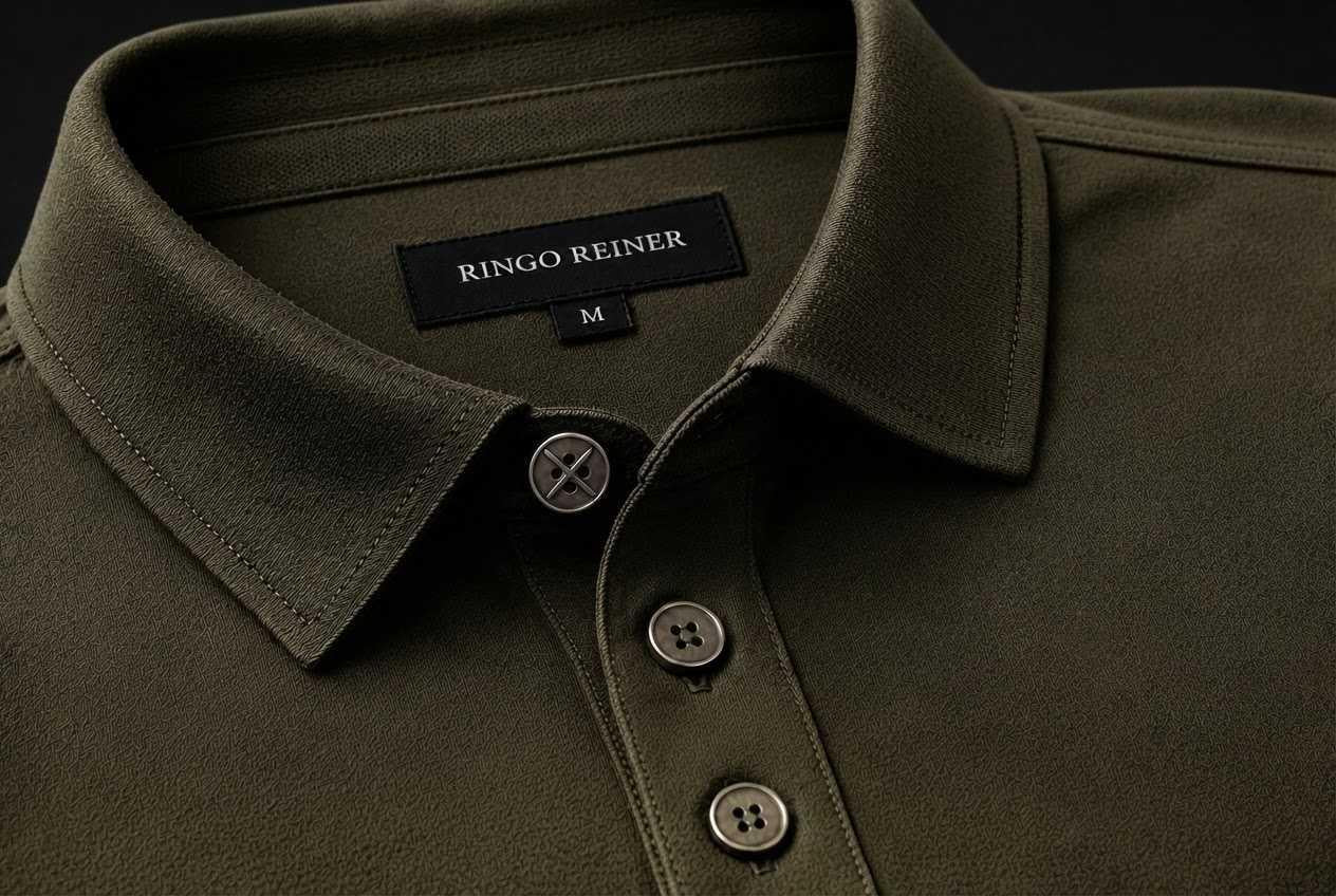 Collar and three-button placket detail on the Ringo Reiner Founder Polo in Olive Drab