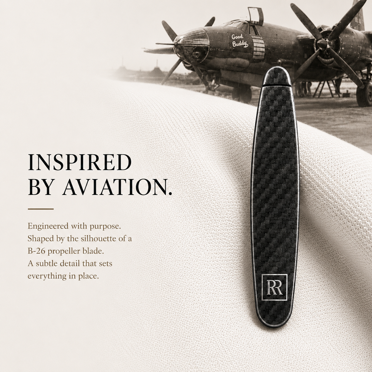 Ringo Reiner carbon fiber collar stay inspired by the B-26 Marauder, shown on Cloud White polo fabric with a vintage B-26 aircraft in the background.