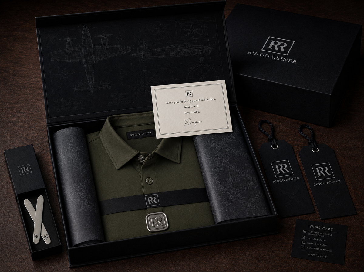 Ringo Reiner Founder Polo in Olive Drab presented in signature packaging