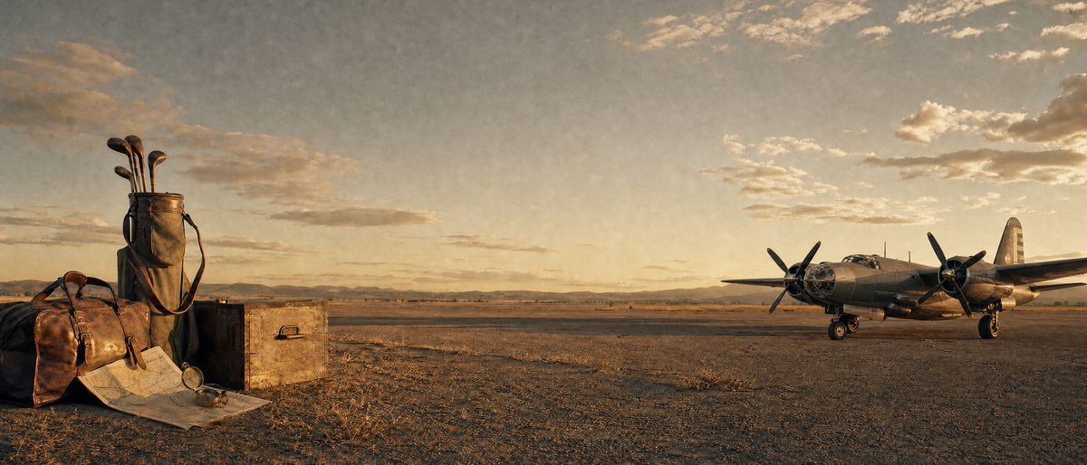 The Flight by Ringo Reiner, blending golf heritage with a vintage B-26 Marauder, leather travel pieces, golf clubs and aviation artifacts at golden hour.
