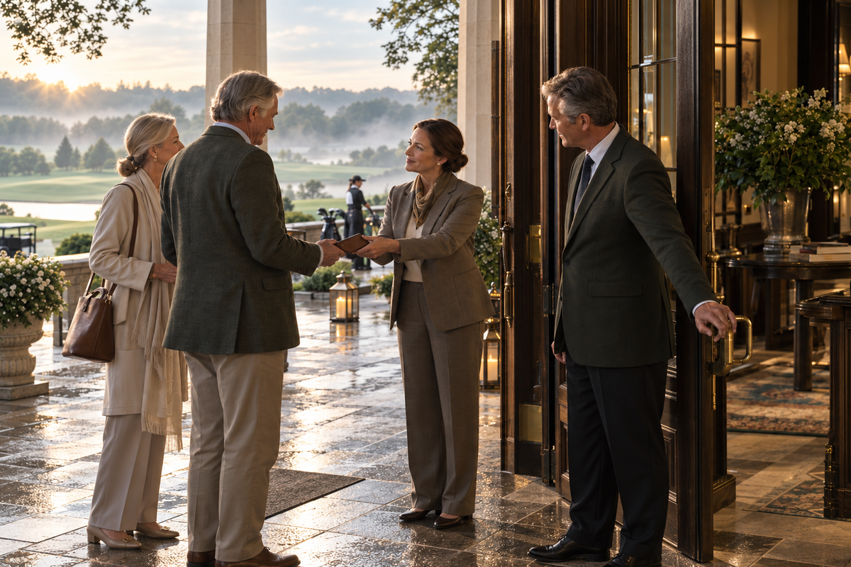Female and male club leaders welcome members at a golf clubhouse, reflecting attentive service and the standards of the club management profession.