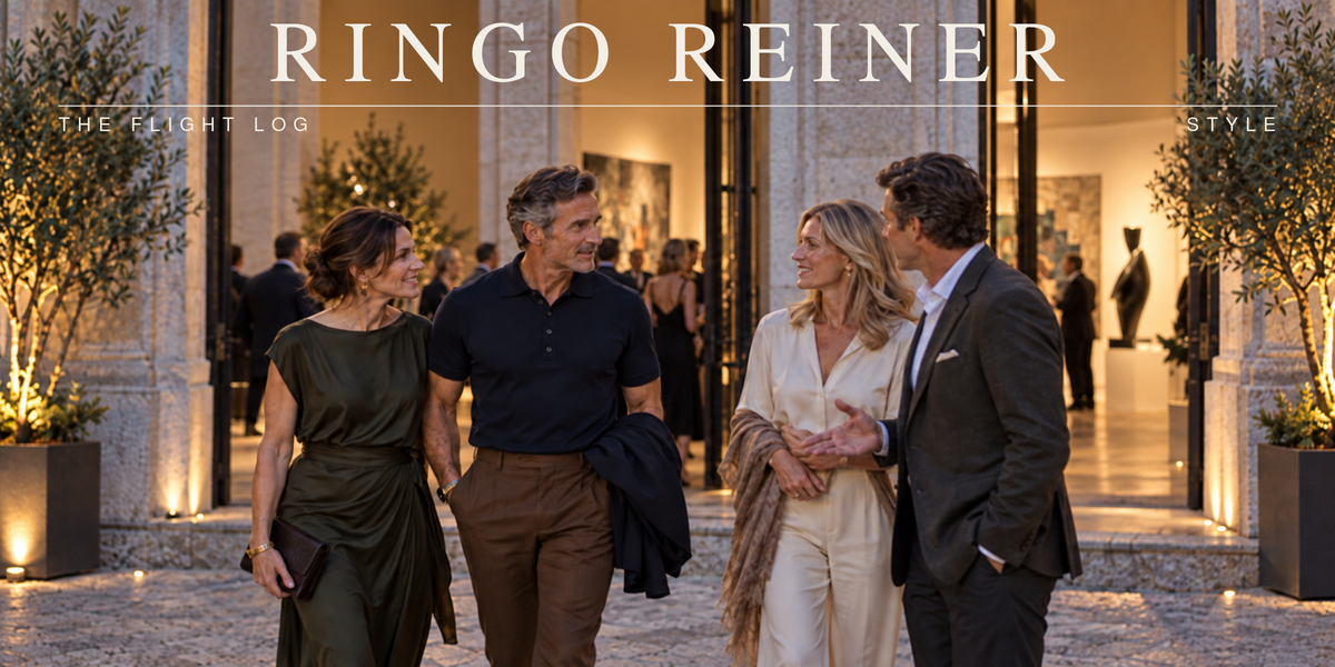 Man in a navy polo walking with three well-dressed companions outside an art gallery, illustrating polished professional style.