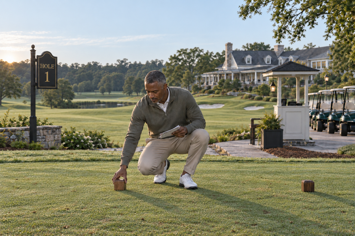 A PGA Professional places tee markers beside the Hole 1 sign while preparing a golf course in the early morning.