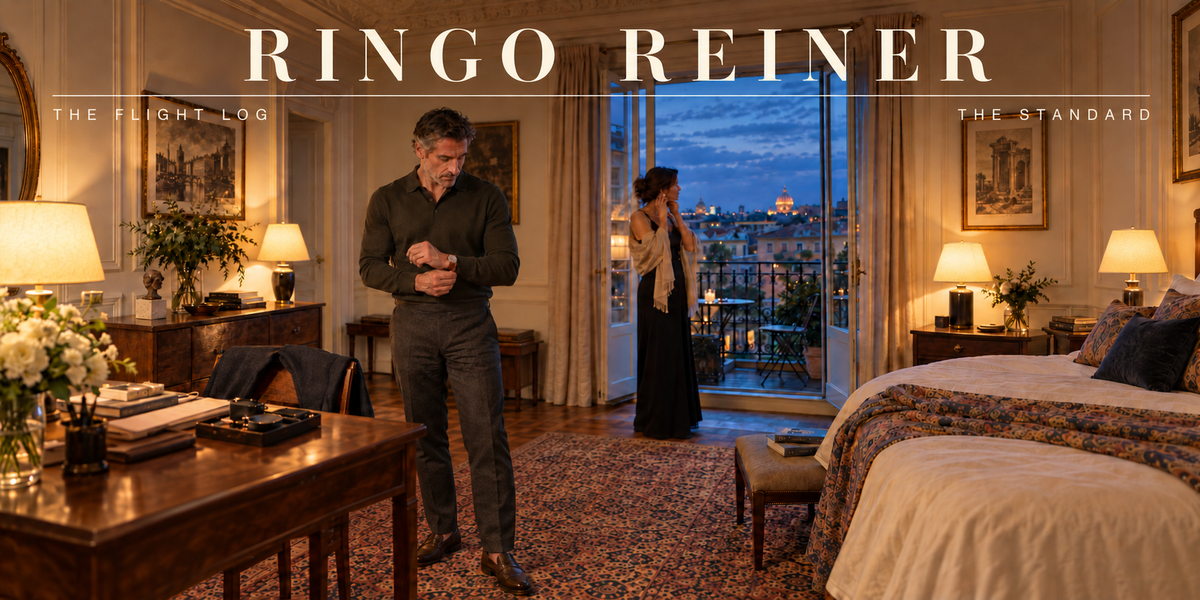 Well-dressed man adjusting his watch in a refined Rome hotel suite as his companion waits near the balcony.