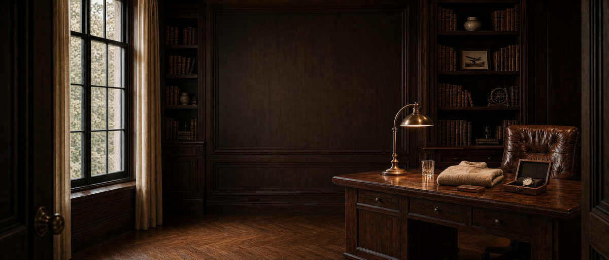 Entrance to The Ringo Reserve, an intimate private study with rich walnut paneling, warm brass lighting, a leather chair, and a folded Italian cashmere sweater.