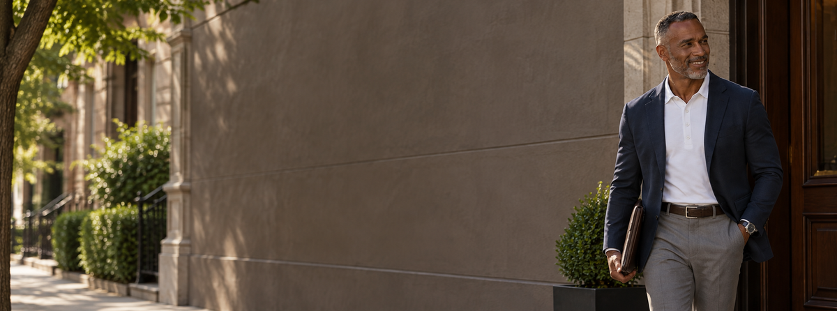 Man wearing a Cloud White polo beneath a navy sport coat steps outside a townhouse carrying a brown leather folio.