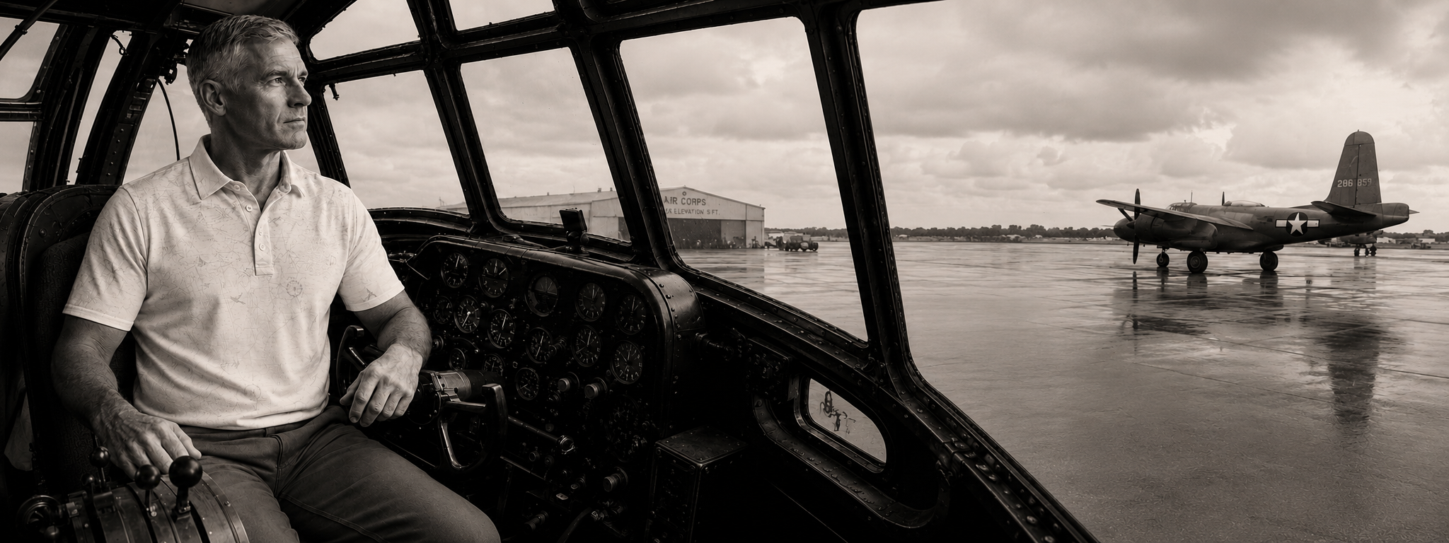 Ringo Reiner Flight Pattern Collection polo shown inside a vintage B-26 cockpit overlooking an Army Air Corps airfield.