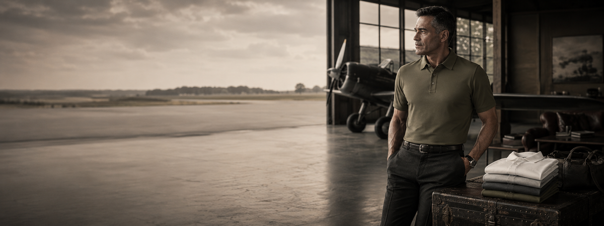 Ringo Reiner men's polo collection shown in a refined aviation-inspired hangar setting.