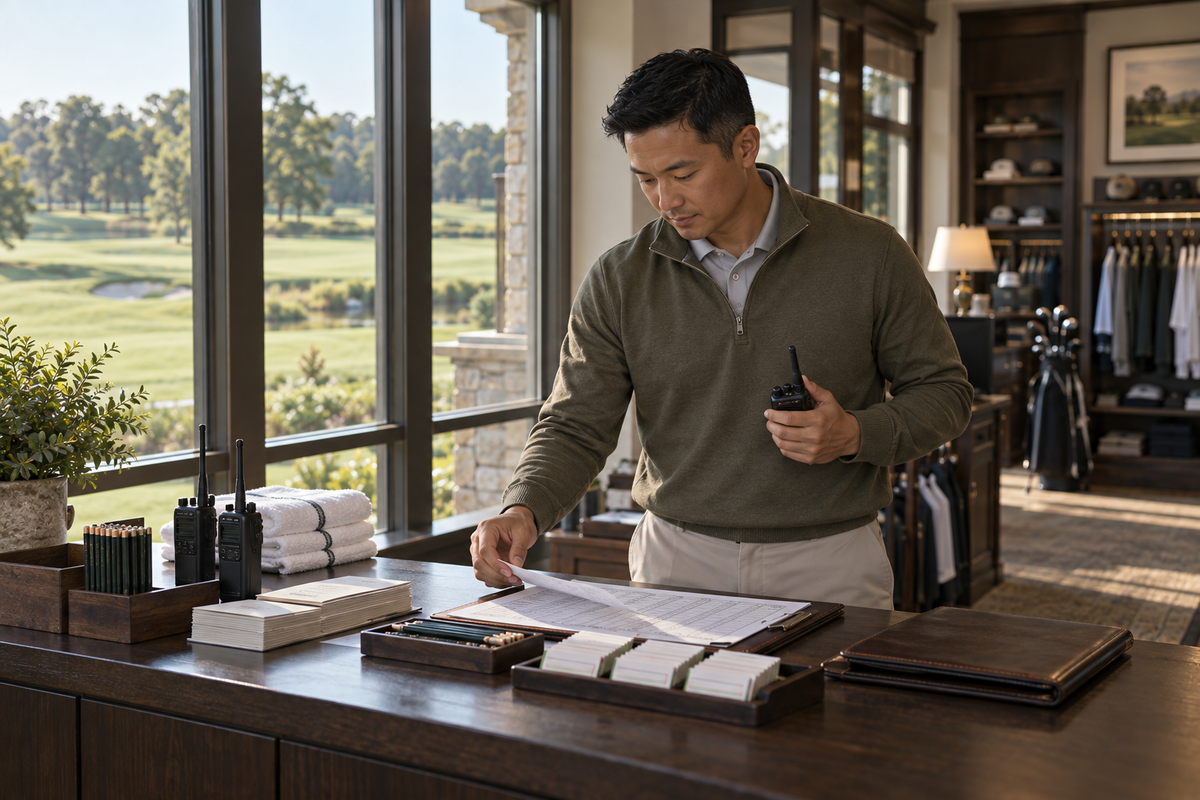 Golf professional reviews the morning tee sheet and organizes scorecards and radios inside a golf shop overlooking the course.