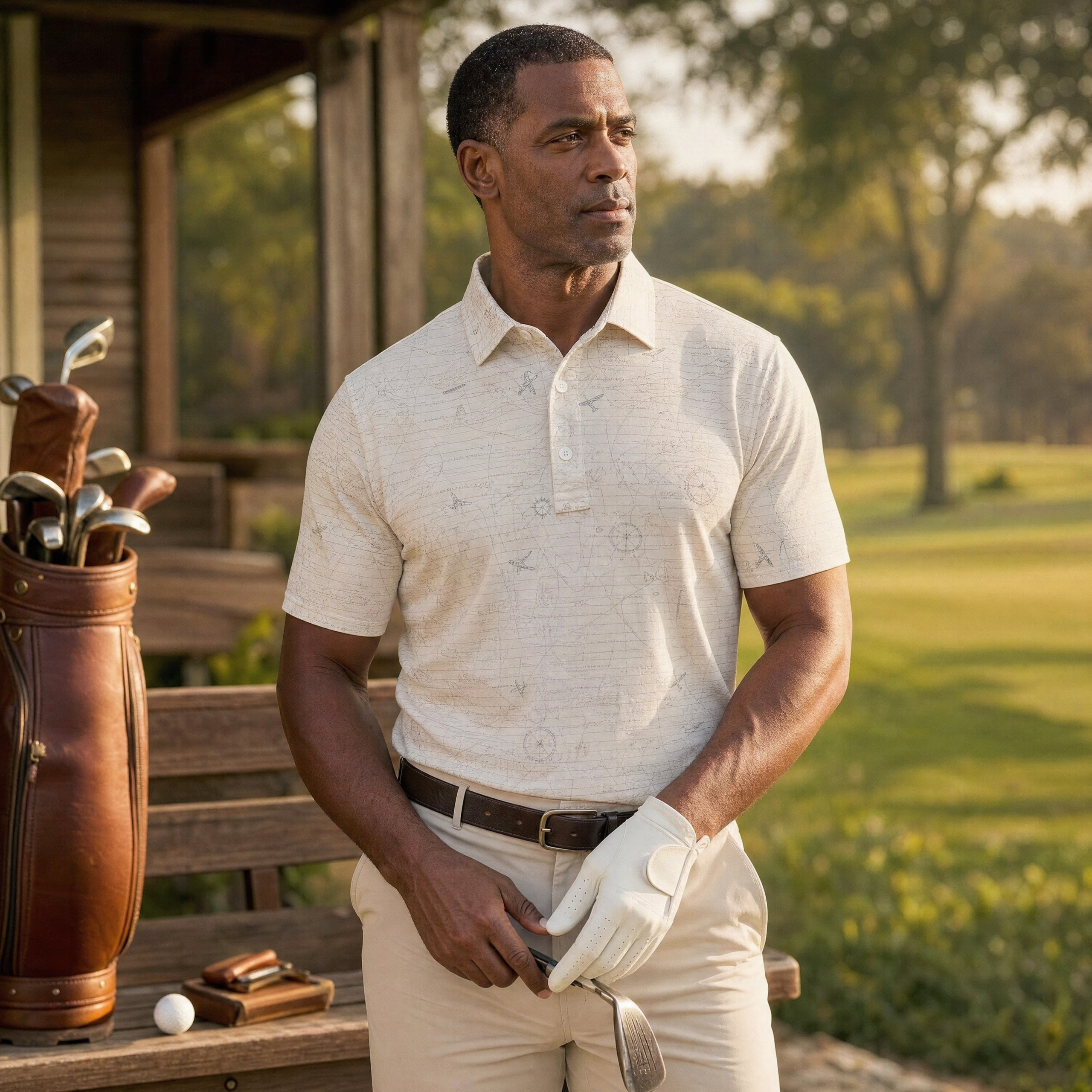 Black male model wearing Ringo Reiner flight pattern polo