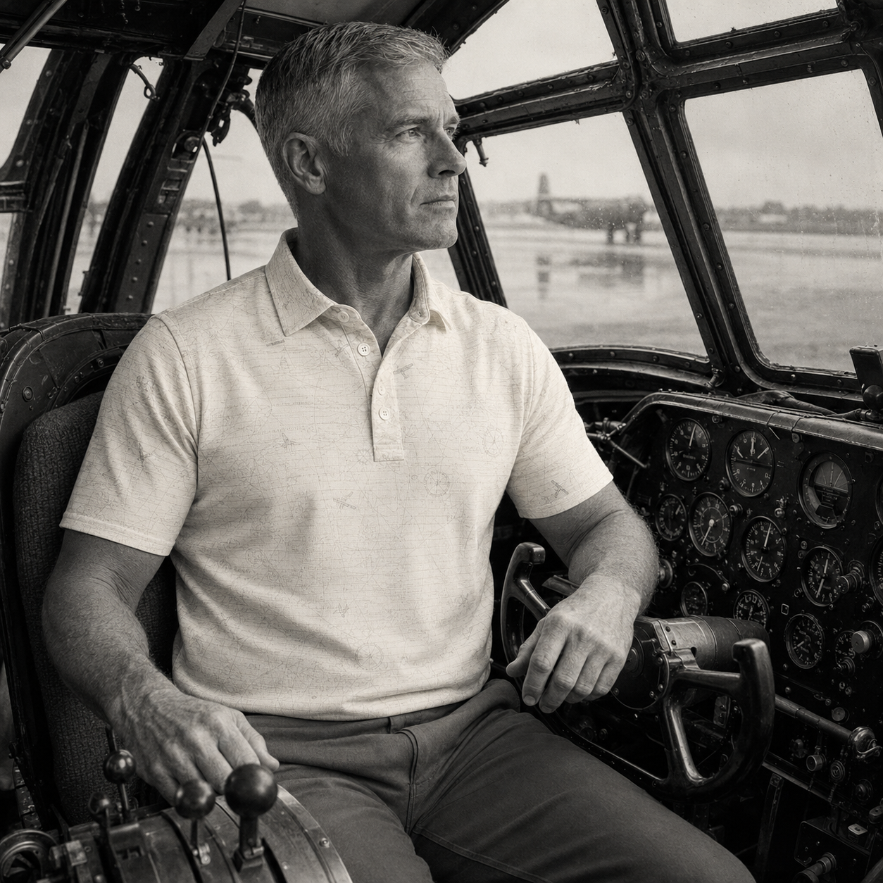 Man wearing the Ringo Reiner Marauder Polo inside a vintage aircraft cockpit
