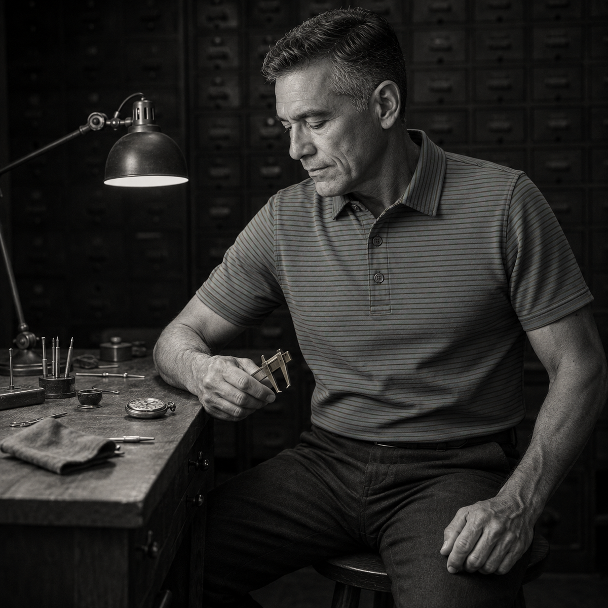 Man wearing a Ringo Reiner Officer Stripe Polo at a craftsman’s workbench