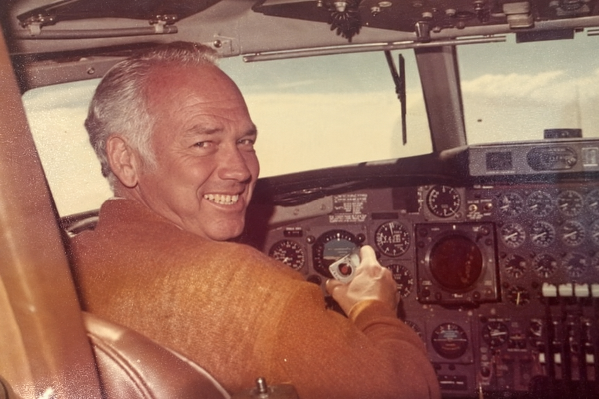 Richard “Ringo” Reiner smiling at the controls of an aircraft cockpit years after his Army Air Corps service.