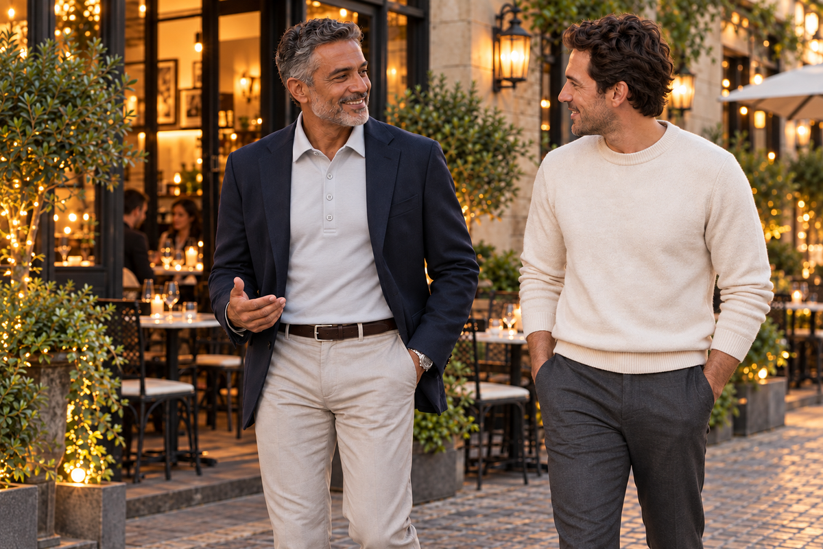 Man wearing a Bare Aluminum polo beneath a navy sport coat with stone trousers talks with a friend outside a warmly lit restaurant.