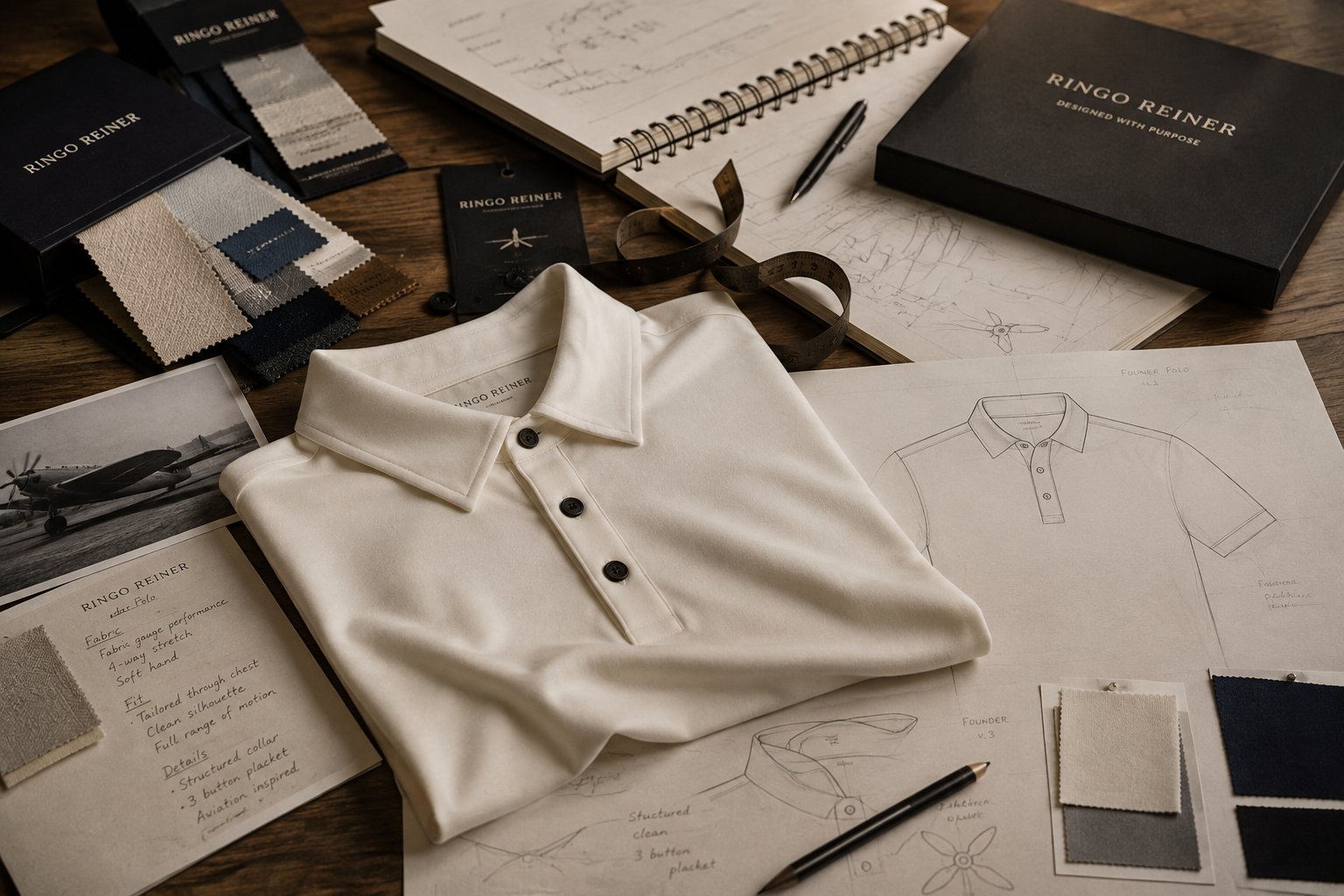 Ringo Reiner Founder Polo design process with fabric swatches, technical sketches and aviation-inspired details