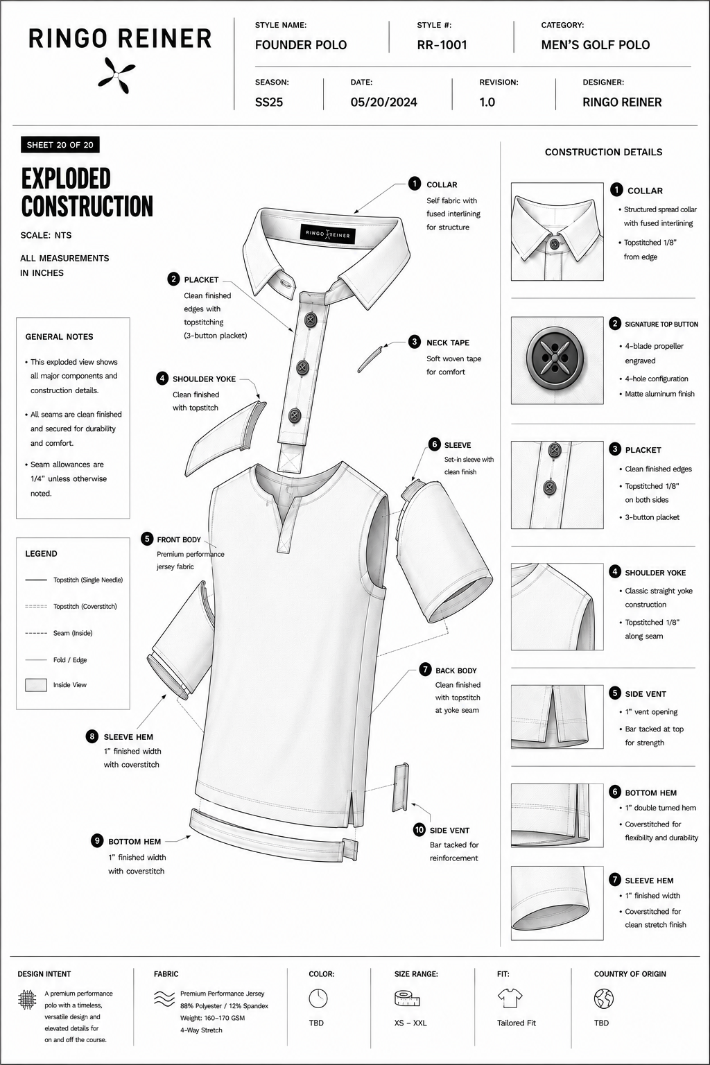 Vertical technical construction drawing of the Ringo Reiner Founder Polo showing collar, placket, signature propeller button, sleeves, seams, side vents, and garment construction details