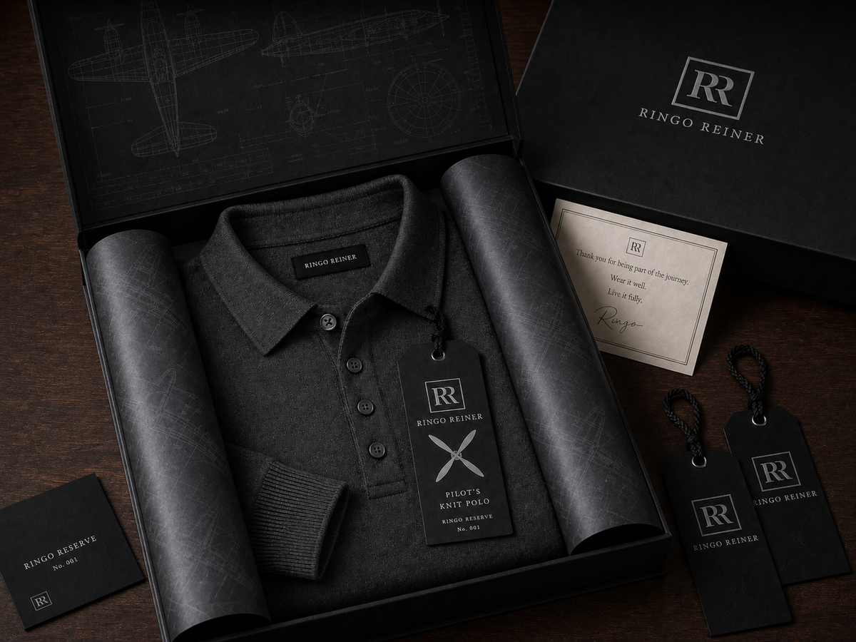 Ringo Reiner Pilot’s Knit presented in Ringo Reserve No. 001 packaging with branded hang tag and aviation-inspired details