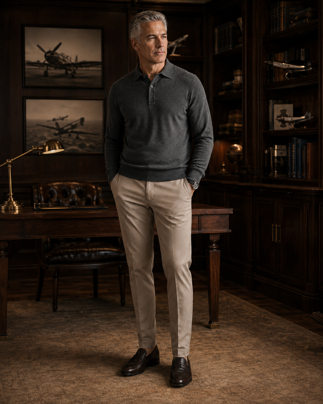 Mature male model wearing the Ringo Reiner Pilot’s Knit long-sleeve polo in a tailored fit inside an aviation-inspired study
