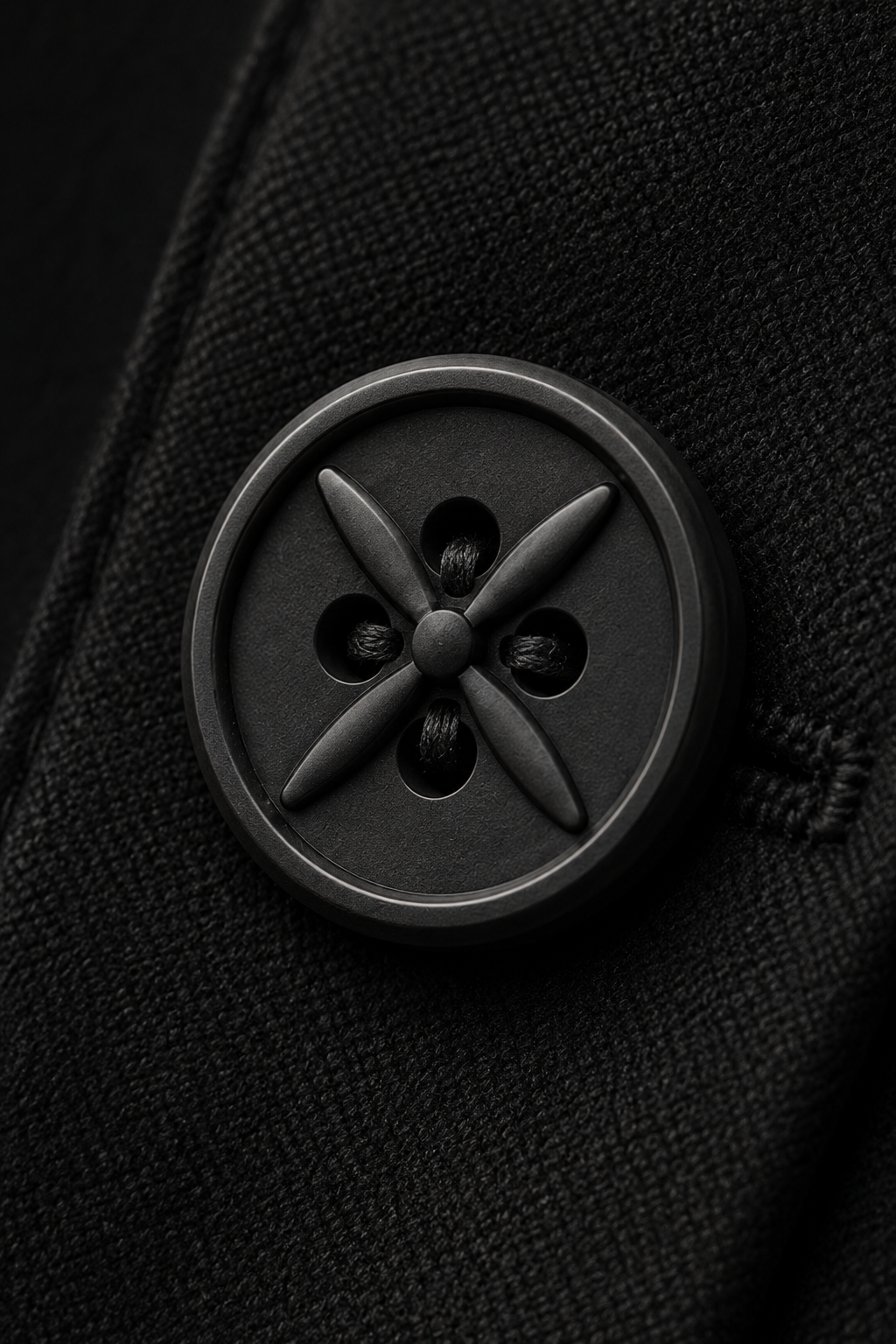 Close-up of the Ringo Reiner signature four-blade propeller button showing its raised relief, stitched attachment, edge profile, and textured fabric