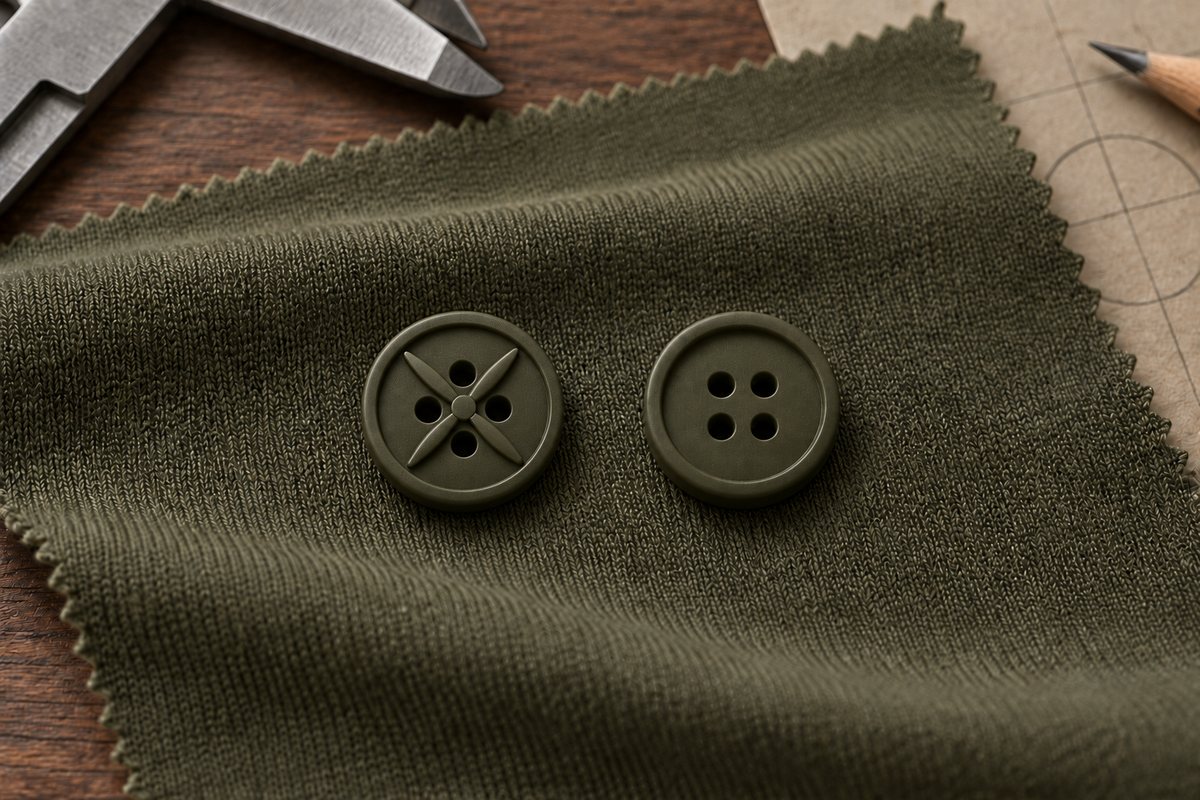 Olive Drab Ringo Reiner signature propeller button and standard four-hole button shown side by side on tonal fabric.
