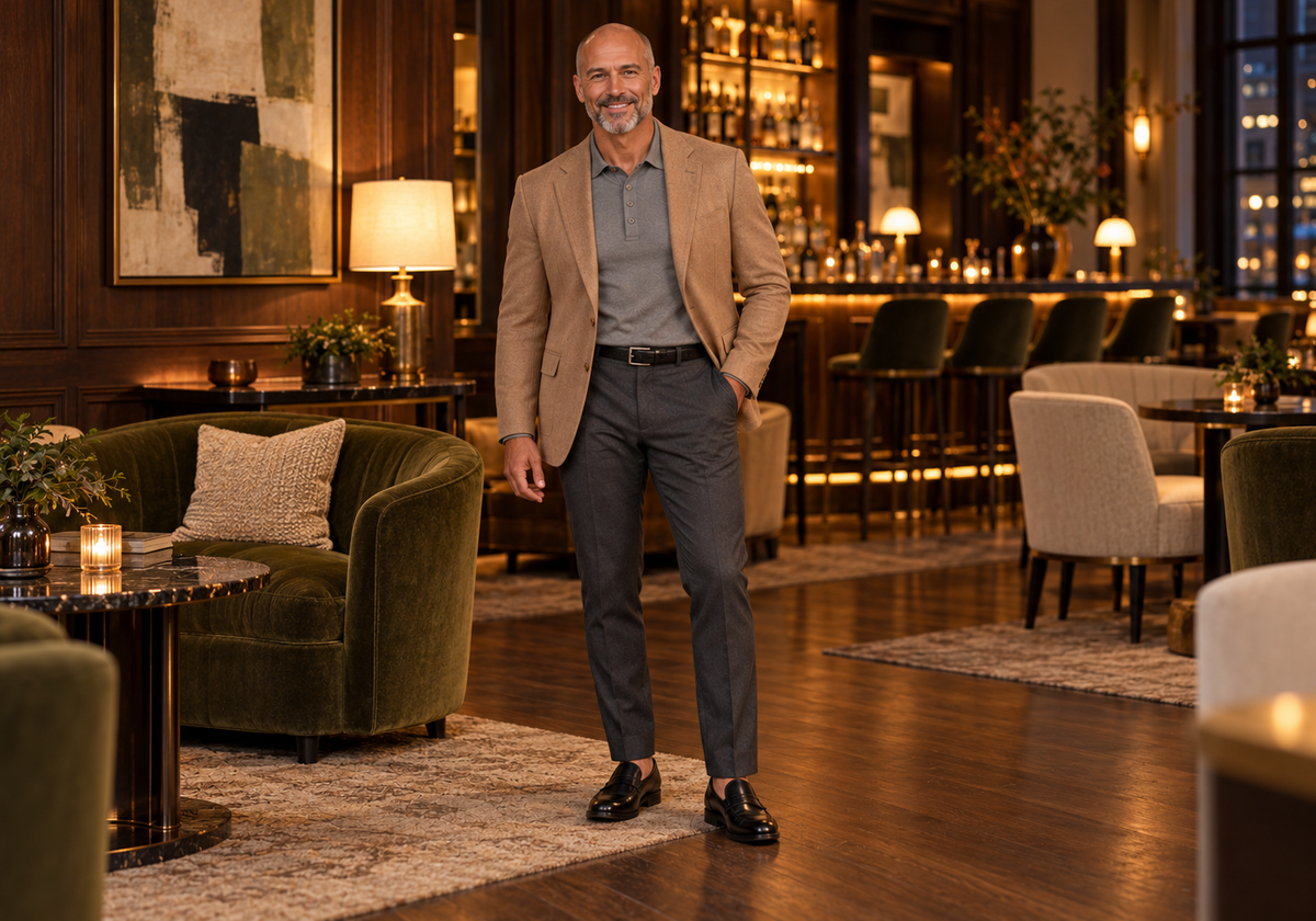 Man in a camel sport coat, Neutral Grey polo, charcoal trousers and black loafers smiles toward the camera in a warmly lit restaurant lounge.