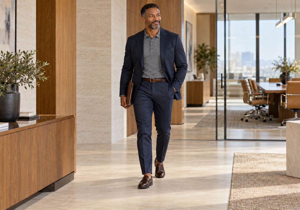 Man wearing a Neutral Grey polo beneath a navy sport coat with navy trousers and brown leather loafers, carrying a folio through a sunlit office.