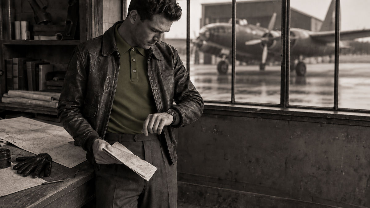 A man in a vintage leather jacket and green polo shirt stands by a window in a rustic hangar, looking at a map and checking his watch, with an airplane visible outside.