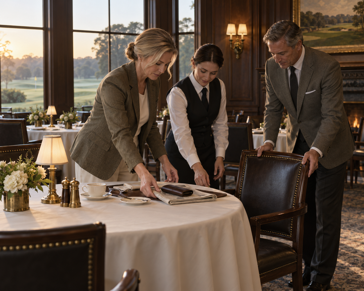 Female and male club leaders help a service professional prepare a member’s table inside a golf clubhouse before opening.
