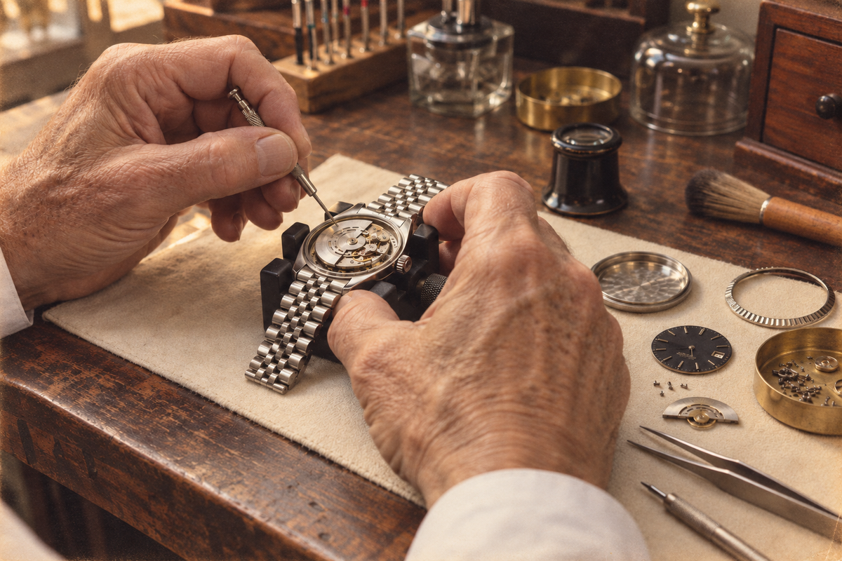 An older craftsman’s hands carefully service a vintage mechanical watch at a traditional jeweler’s workbench.