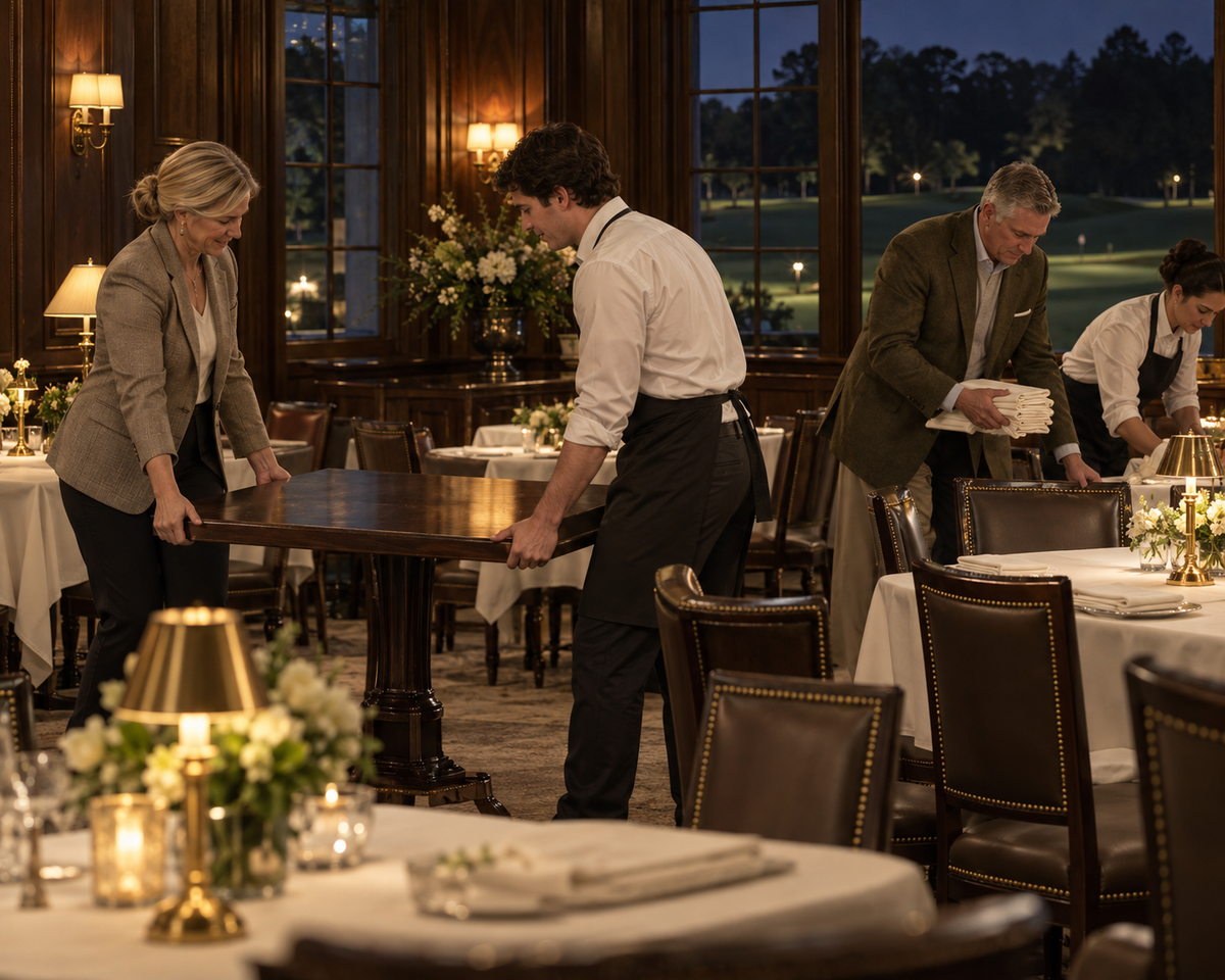 Female and male club leaders work beside their service team to reset a golf clubhouse dining room after a member event.