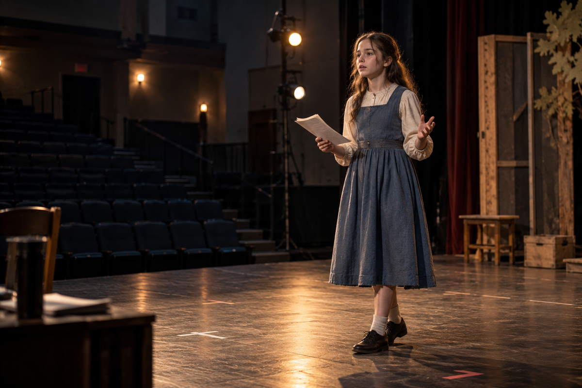 Young girl rehearsing her lines alone under stage lights in an empty theater before her school play.