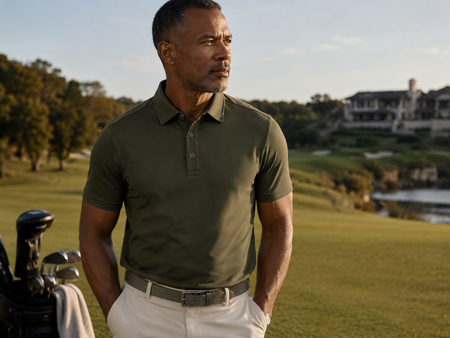 Man wearing the Ringo Reiner Founder Polo in Olive Drab on the golf course