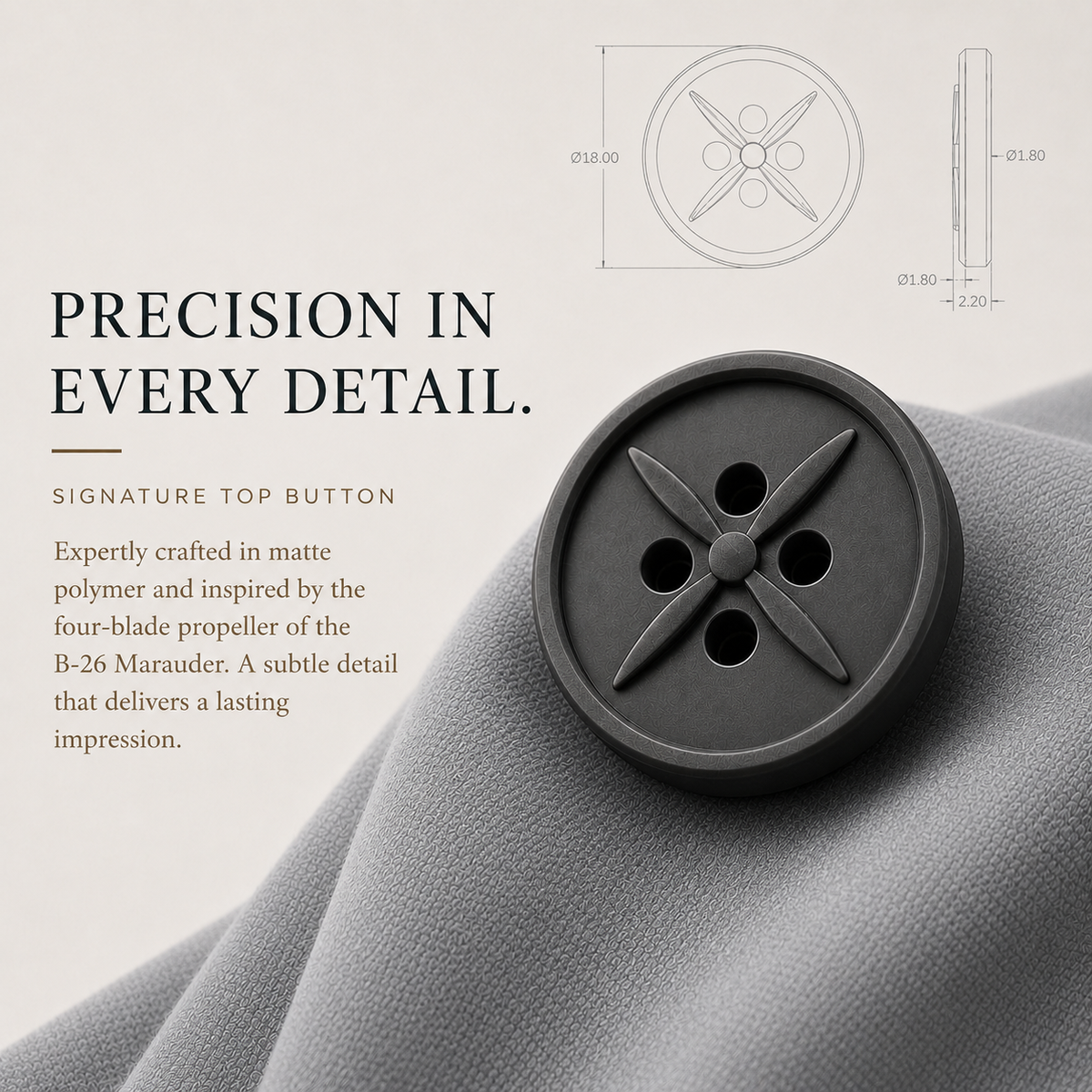 Ringo Reiner signature top button inspired by the four-blade B-26 Marauder propeller, shown on premium Neutral Grey polo fabric.