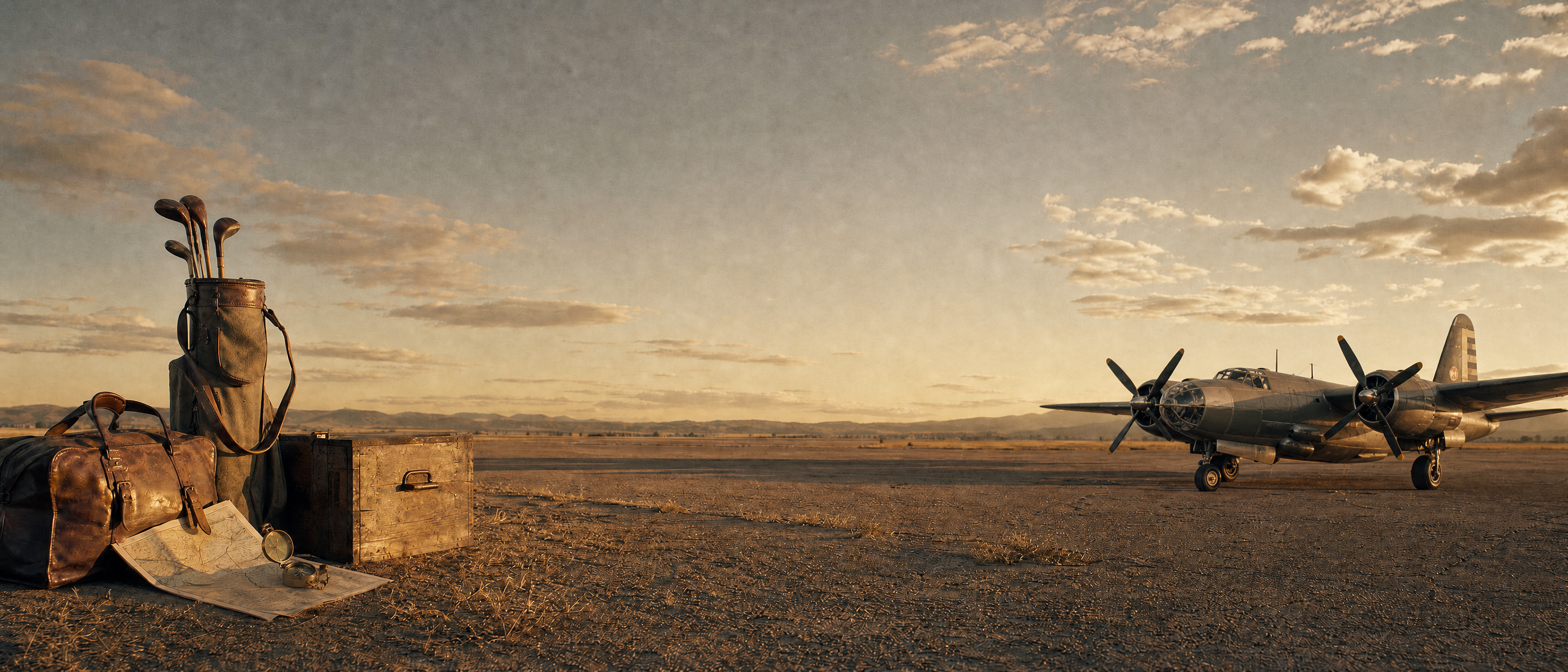 The Flight by Ringo Reiner, blending golf heritage with a vintage B-26 Marauder, leather travel pieces, golf clubs and aviation artifacts at golden hour.