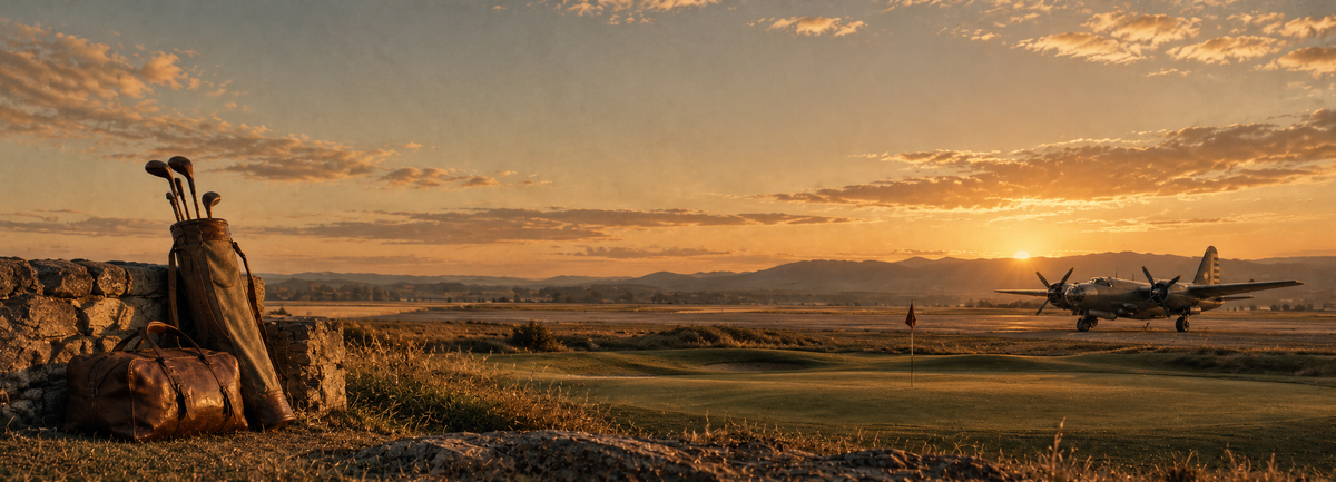 The Flight by Ringo Reiner at golden hour, blending a golf course, vintage golf equipment and a B-26 Marauder in a cinematic heritage landscape.